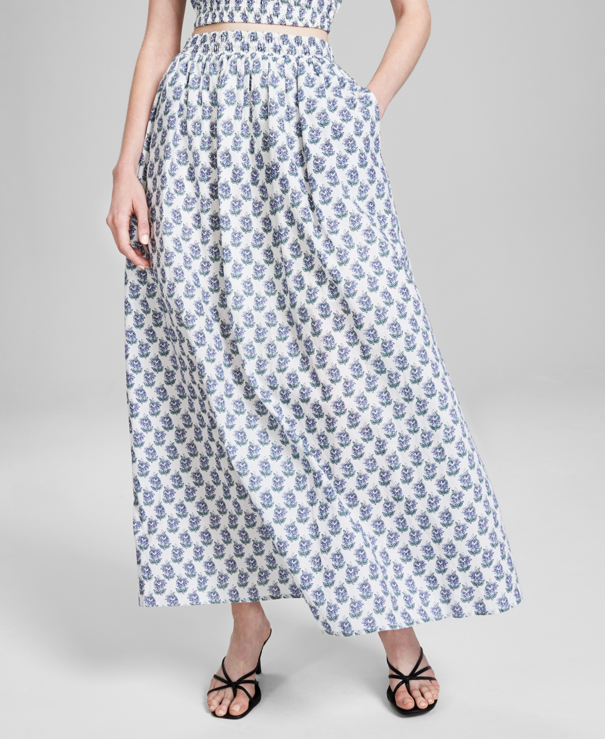 And Now This Women's Printed Cotton Maxi Skirt, Created For Macy's In White Block Print