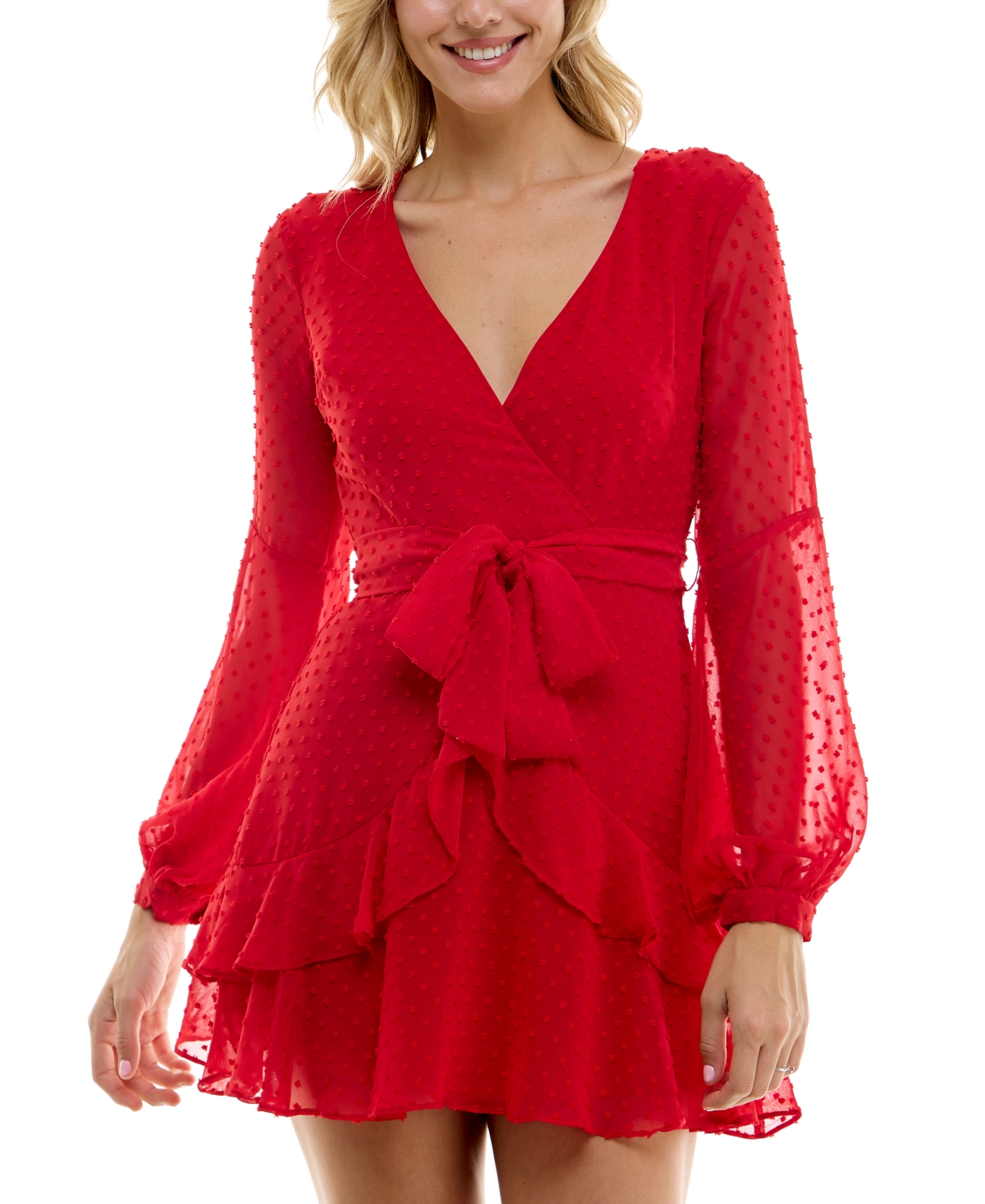 B Darlin Juniors' Ruffled-hem Faux-wrap A-line Dress In Red