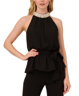 Adrianna Papell - Women's Imitation Pearl Mock-Neck Peplum Top