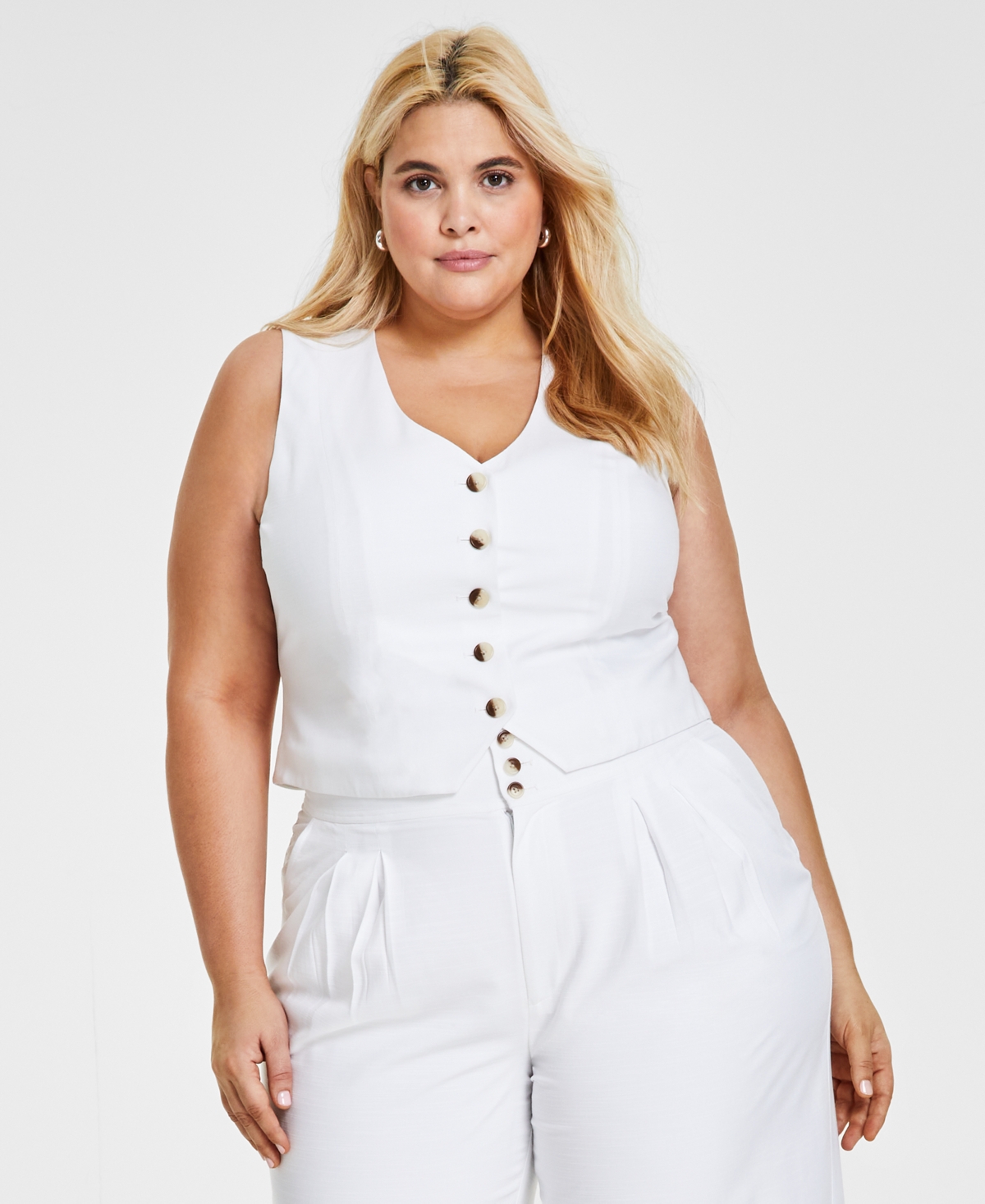 Bar Iii Plus Size Cropped Button-front Vest, Created For Macy's In Bright White