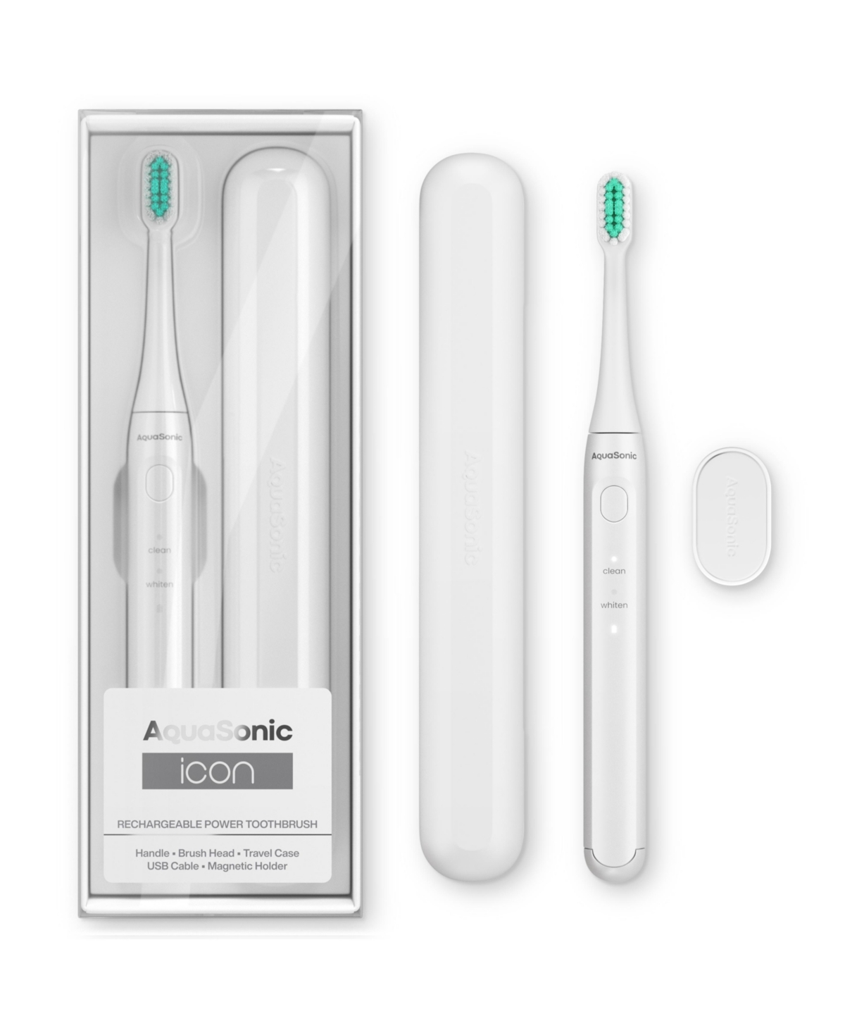 Aquasonic Icon Rechargeable Toothbrush | Magnetic Holder & Slim Travel Case | 2 Brushing Modes & Smart Timers In White