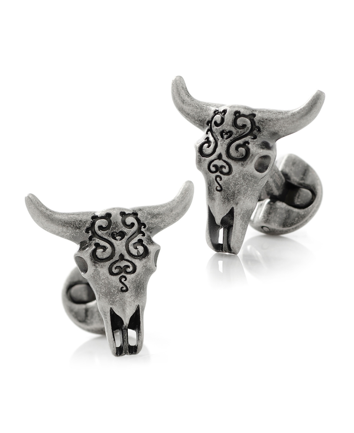 Ox & Bull Trading Co. Men's Antique-like Stainless Steel Carved Cow's Skull Cufflinks In Silver
