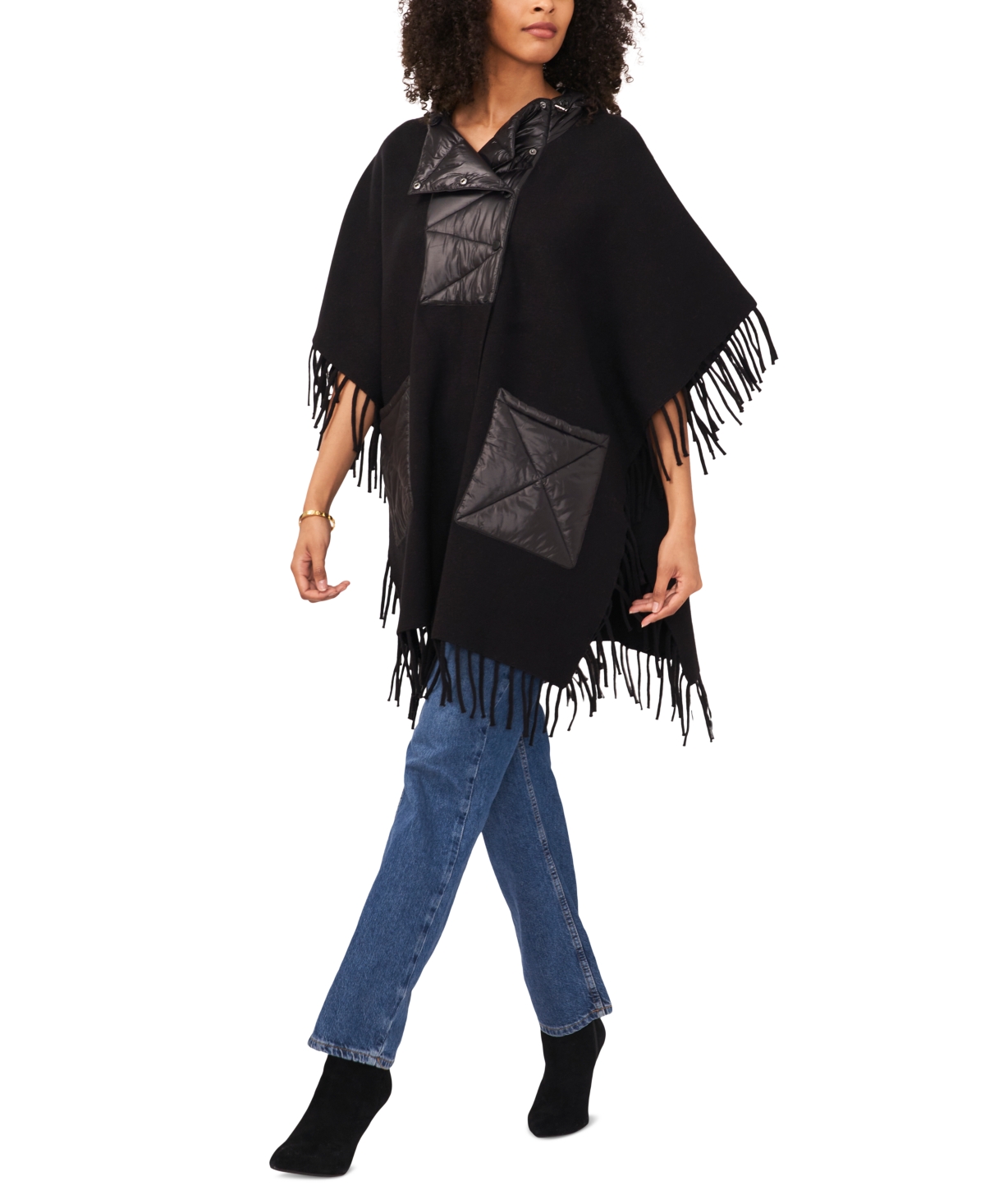 Vince Camuto Women's Fringed Puffer-Trim Hoodie Cape