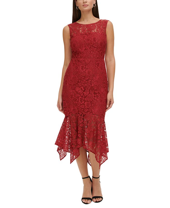 kensie Women's Floral Lace Handkerchief-Hem Midi Dress - Macy's