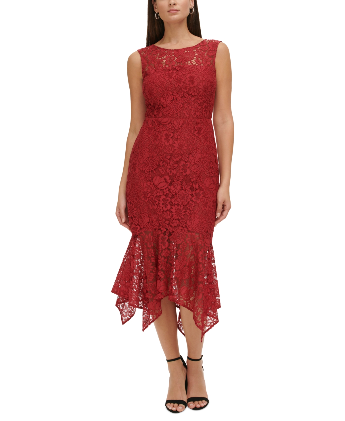 Buy Boardwalk Empire Inspired Dresses kensie Womens Floral Lace Handkerchief-Hem Midi Dress - Burgundy $63.99 AT vintagedancer.com