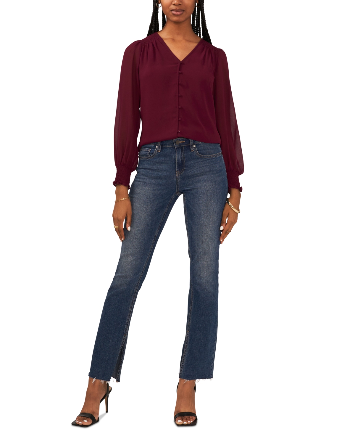 Sam & Jess Petite V-Neck Smocked-Shoulder Blouse