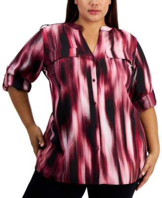 Calvin Klein - Plus Size Printed 3/4-Sleeve Roll-Tab Shirt