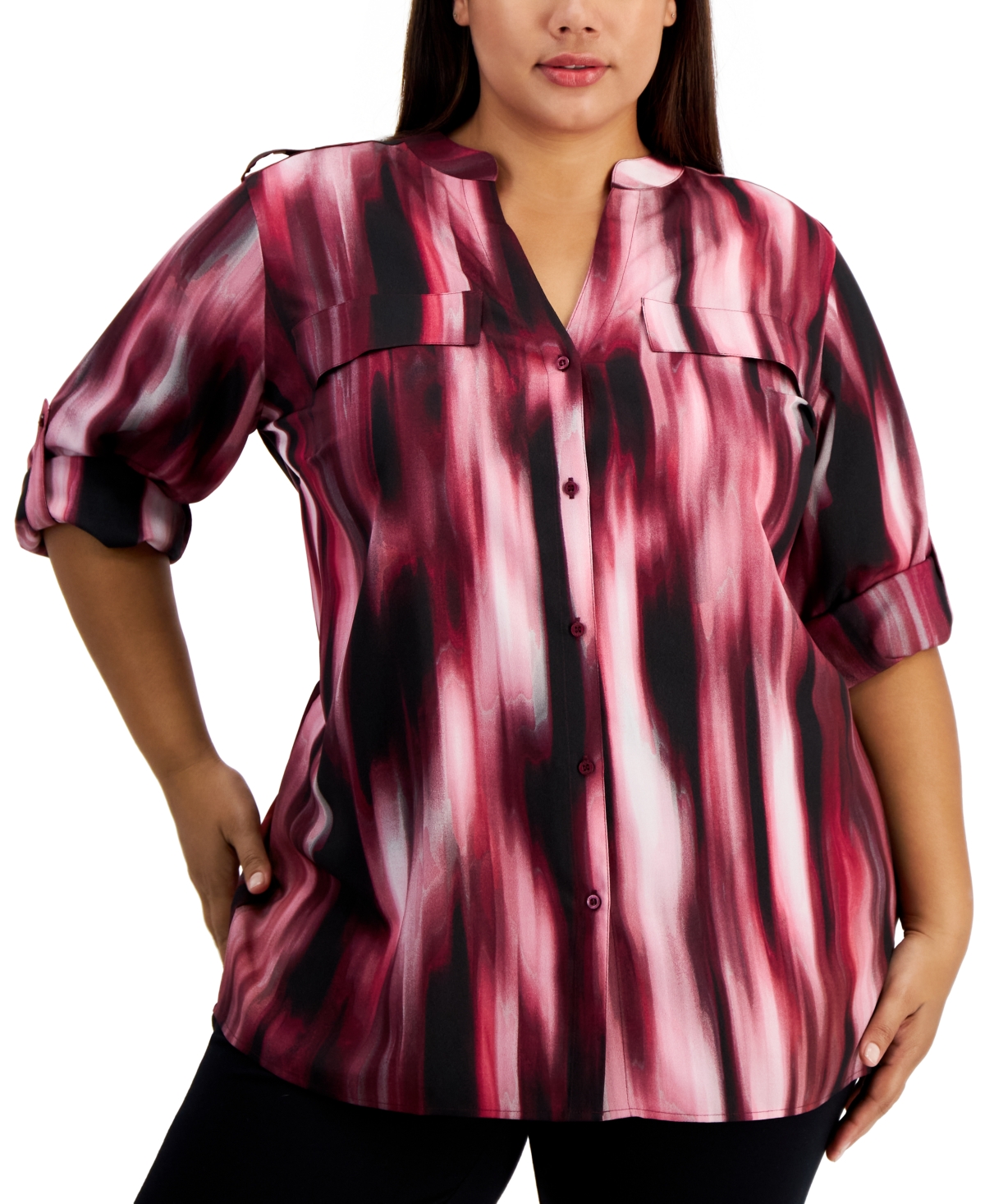 Calvin Klein Plus Size Printed 3/4-sleeve Roll-tab Shirt In Port Combo