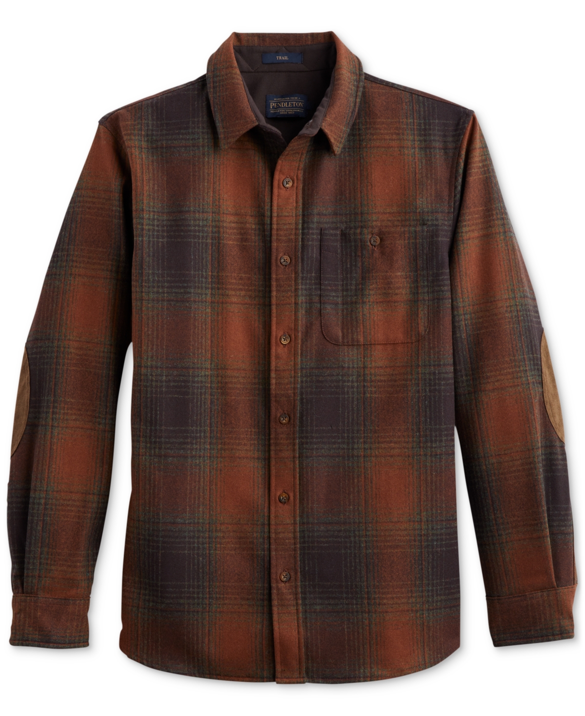 Shop Pendleton Men's Trail Plaid Button-down Wool Shirt With Faux-suede Elbow Patches In Brown,green Mix Ombre