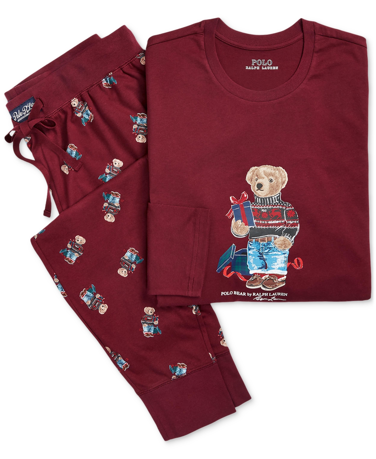 Polo Ralph Lauren Men's 2-pc. Cotton Polo Bear Pajamas Set In Classic Wine With Holiday Bear