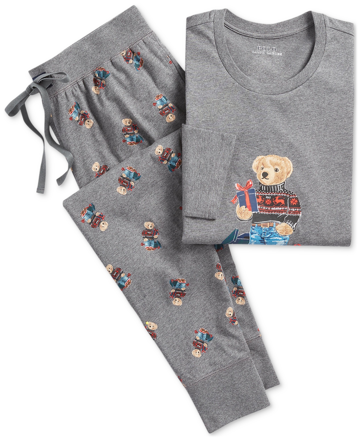Polo Ralph Lauren Men's 2-pc. Cotton Polo Bear Pajamas Set In Charcoal Heather With Holiday Bear