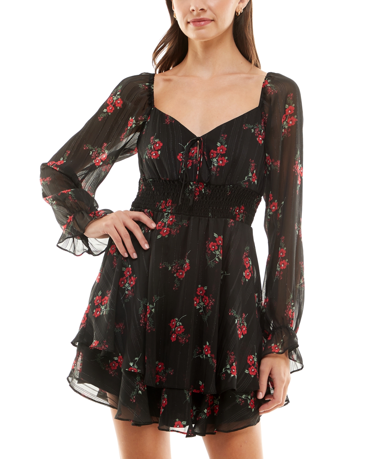 B Darlin Juniors' Metallic-striped Floral A-line Dress In Black Multi  Silver | ModeSens