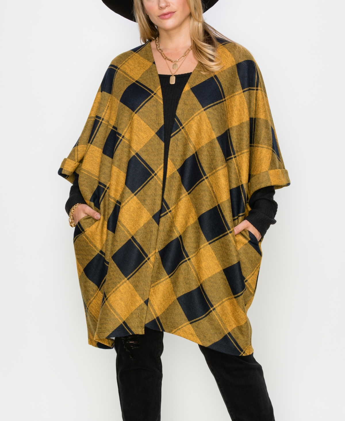 Coin 1804 Plus Size Plaid Roll Sleeve Pocket Kimono In Mustard Navy