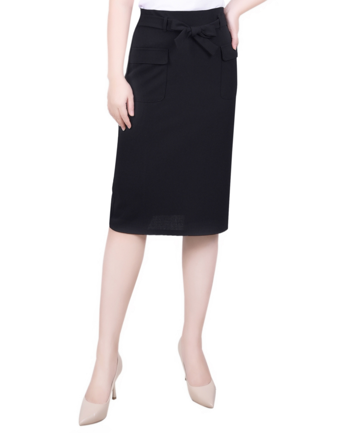 Ny Collection Petite Slim Belted Scuba Crepe Skirt In Black