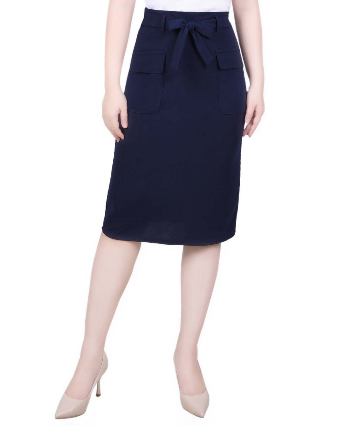 Ny Collection Petite Slim Belted Scuba Crepe Skirt In Navy