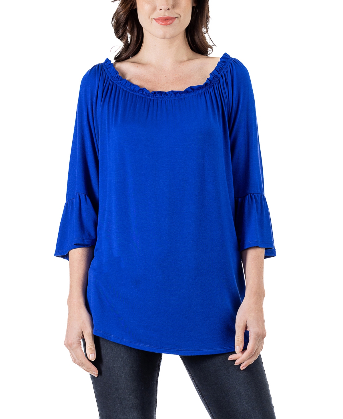 24seven Comfort Apparel Women's Bell Sleeve Loose Fit Tunic Top In Blue