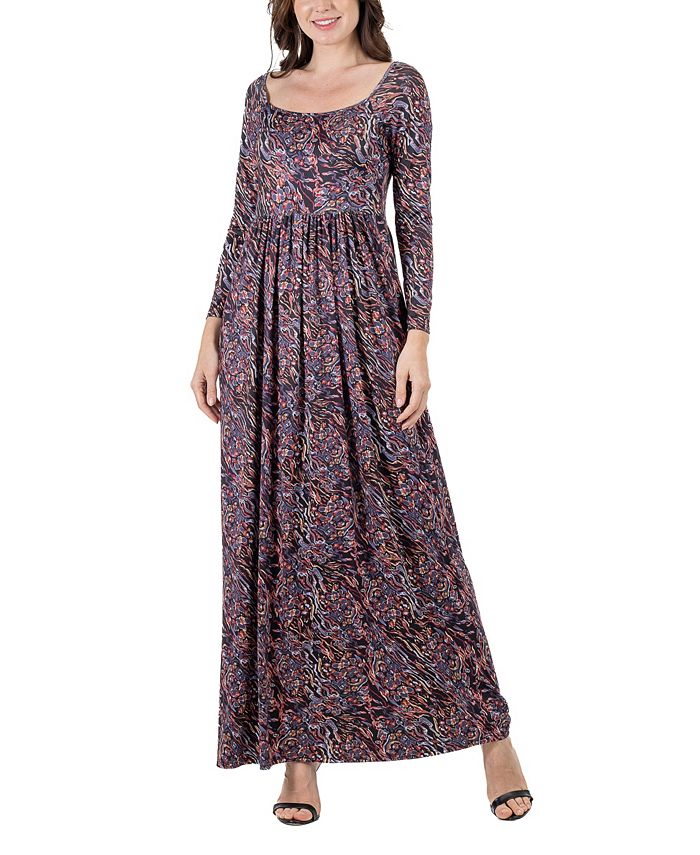 24seven Comfort Apparel Women's Floral Long Sleeve Pleated Maxi Dress ...