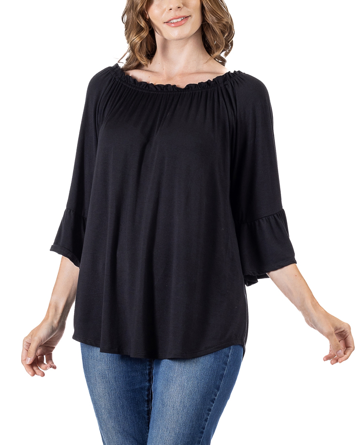 24seven Comfort Apparel Women's Bell Sleeve Loose Fit Tunic Top In Black