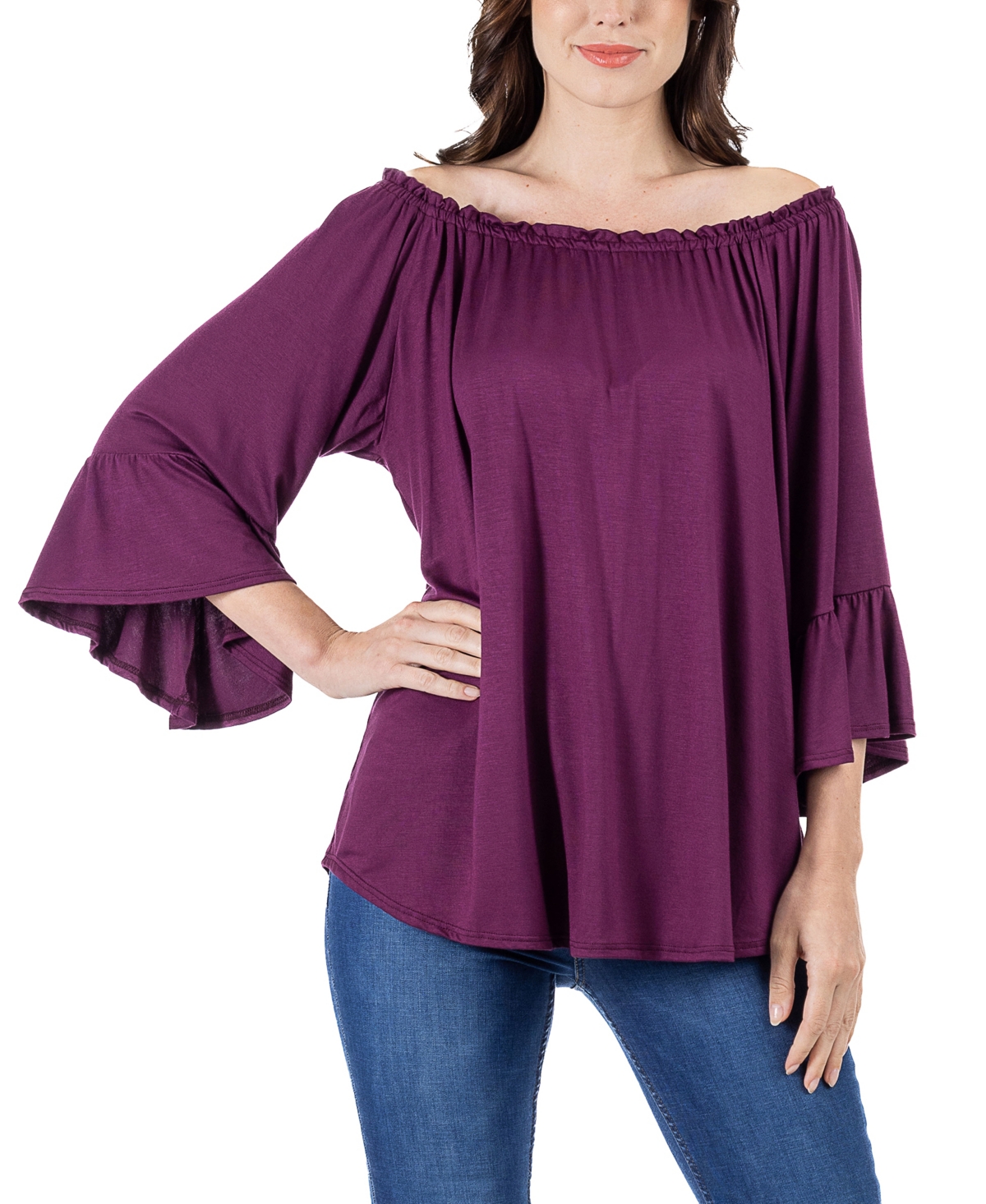 24seven Comfort Apparel Women's Bell Sleeve Loose Fit Tunic Top In Plum