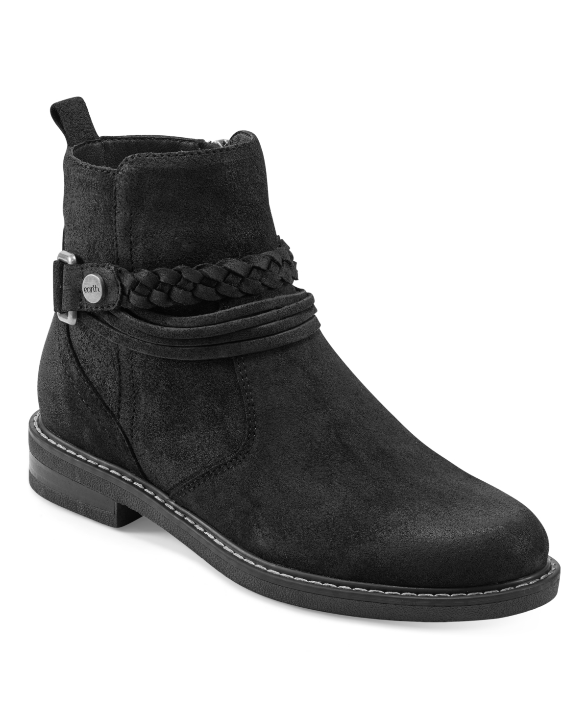 Earth Women's Jeno Round Toe Woven Casual Stacked Heel Booties In Black Suede
