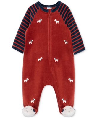 Little Me - Baby Boys Puppy Embroidered Velour Footed Coverall