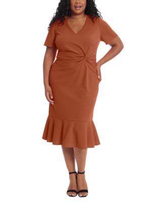 brown plus size work dress Plus Size A Line Flowy Dresses Long Sleeve V Neck