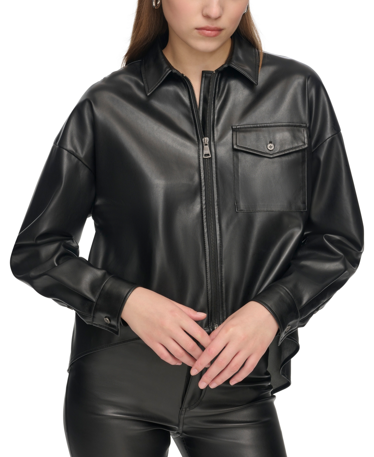 Dkny Jeans Women's Zip-front Faux-leather Long-sleeve Shirt In Black