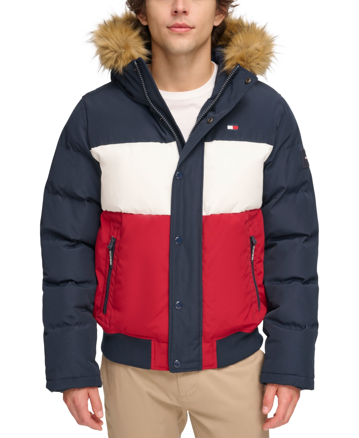 Tommy Hilfiger Short Snorkel Coat, Created For Macy's In Navy,white,red