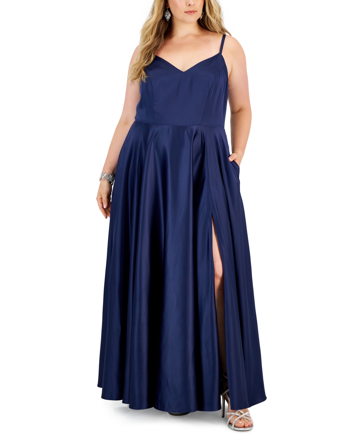 Trendy Plus Size Satin Sleeveless Gown - Navy