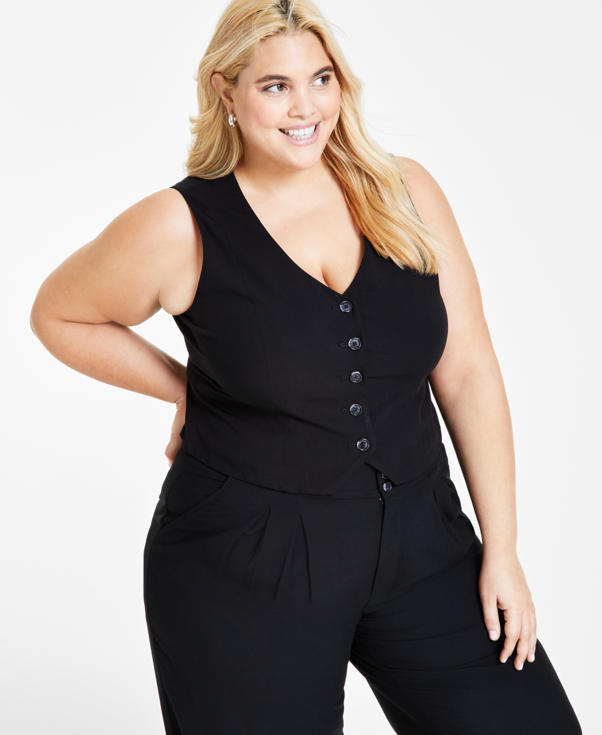 Bar Iii Plus Size Cropped Button-front Vest, Created For Macy's In Deep Black