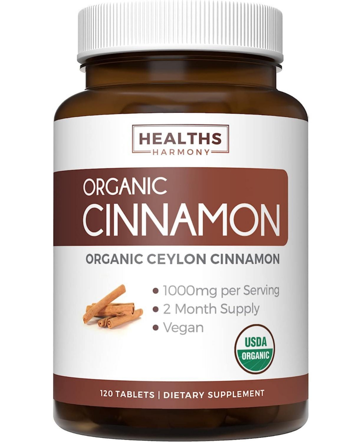 Usda Organic Ceylon Cinnamon 1000mg per Serving - Cinnamon Bark Supplement for Natural Support - 120 Tablets