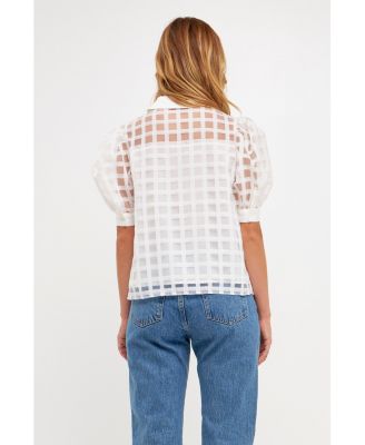 Women's Short Sleeve Organza Grid Blouse
