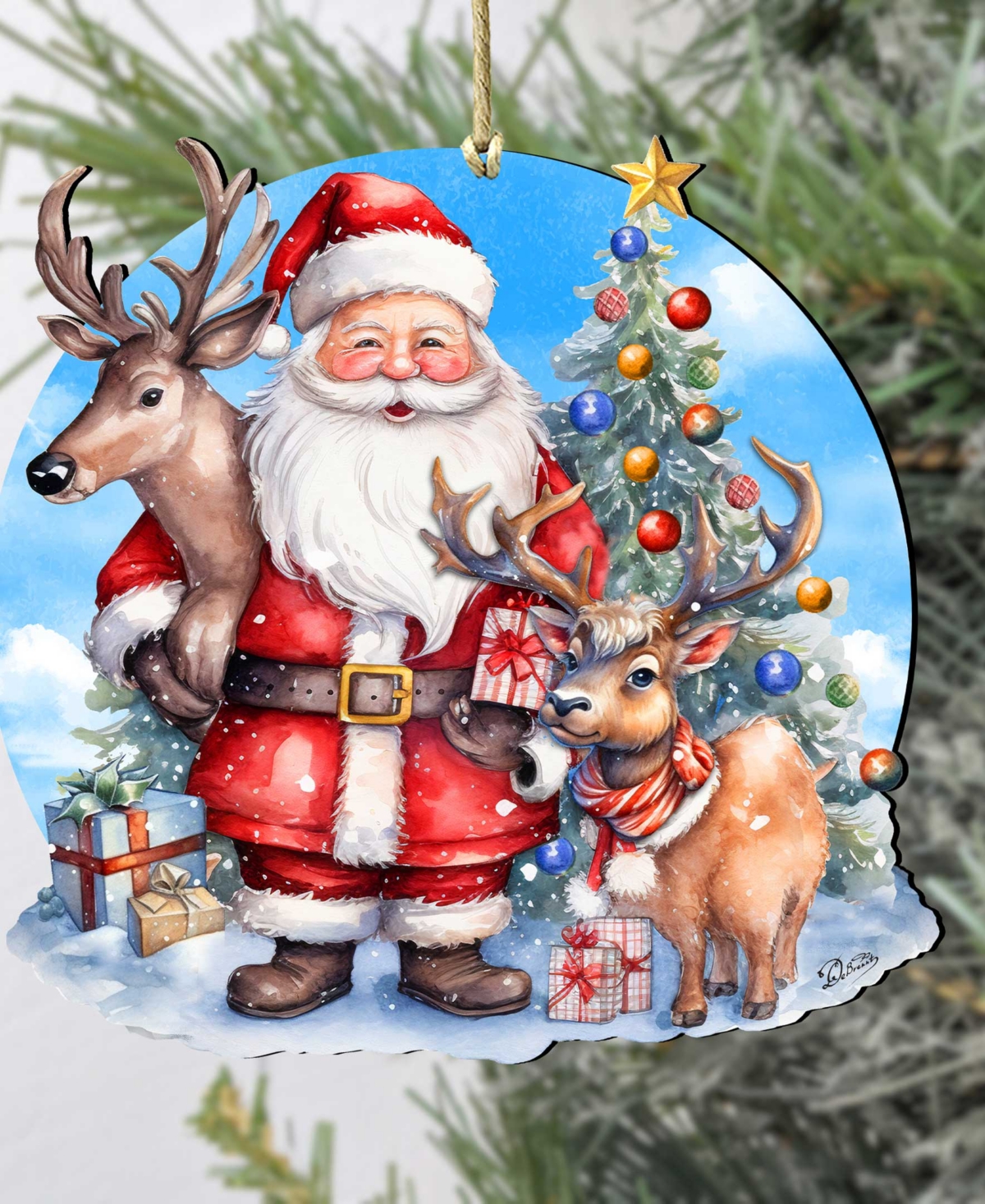 Shop Designocracy Santa With Reindeer Christmas Wooden Ornaments Holiday Decor G. Debrekht In Multi Color