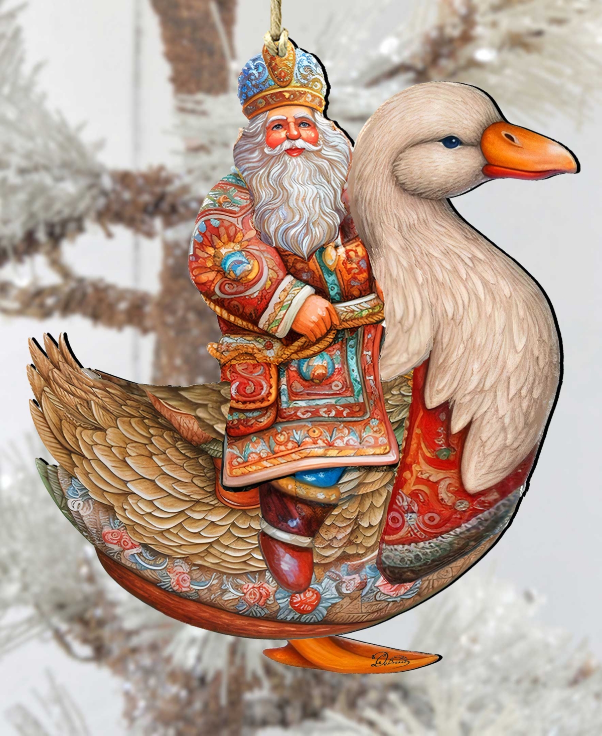 Designocracy Charming Santa On Goose Christmas Wooden Ornaments Holiday Decor G. Debrekht In Multi Color