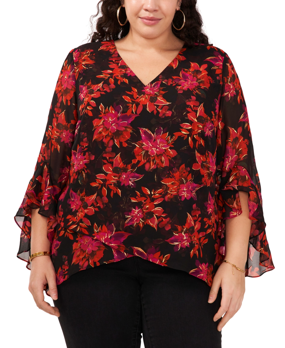 Vince Camuto Plus Size Floral-print Flutter-sleeve V-neck Tunic Top In Rich Black