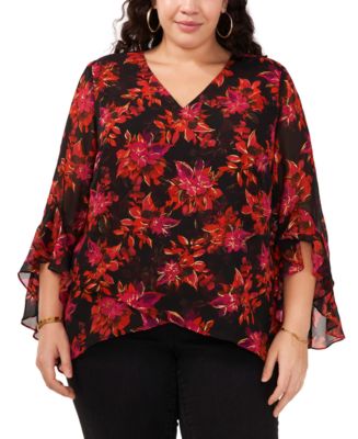 Vince Camuto Plus Size Floral-Print Flutter-Sleeve V-Neck Tunic Top