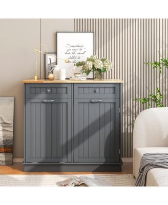 15.5 Gallon Kitchen Tilt Out Trash Cabinet Rubber Wood Tabletop 2 Drawers