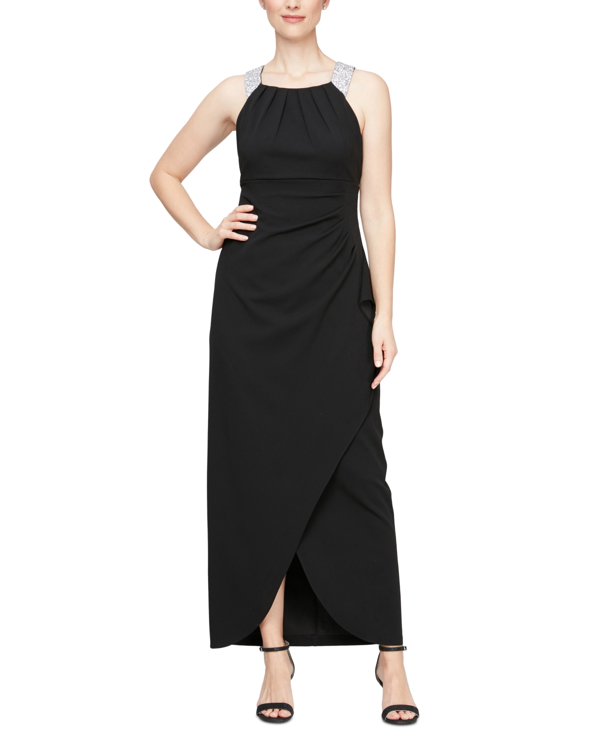 Petite Rhinestone-Collar Halter Dress - Black