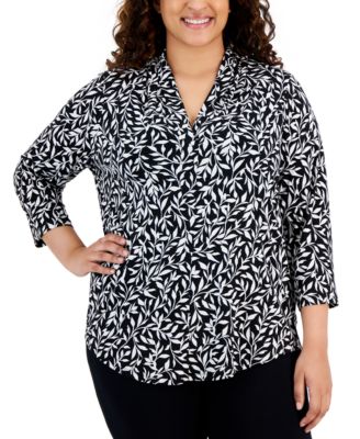 JM Collection - Plus Size Printed Veering Vine 3/4-Sleeve Top