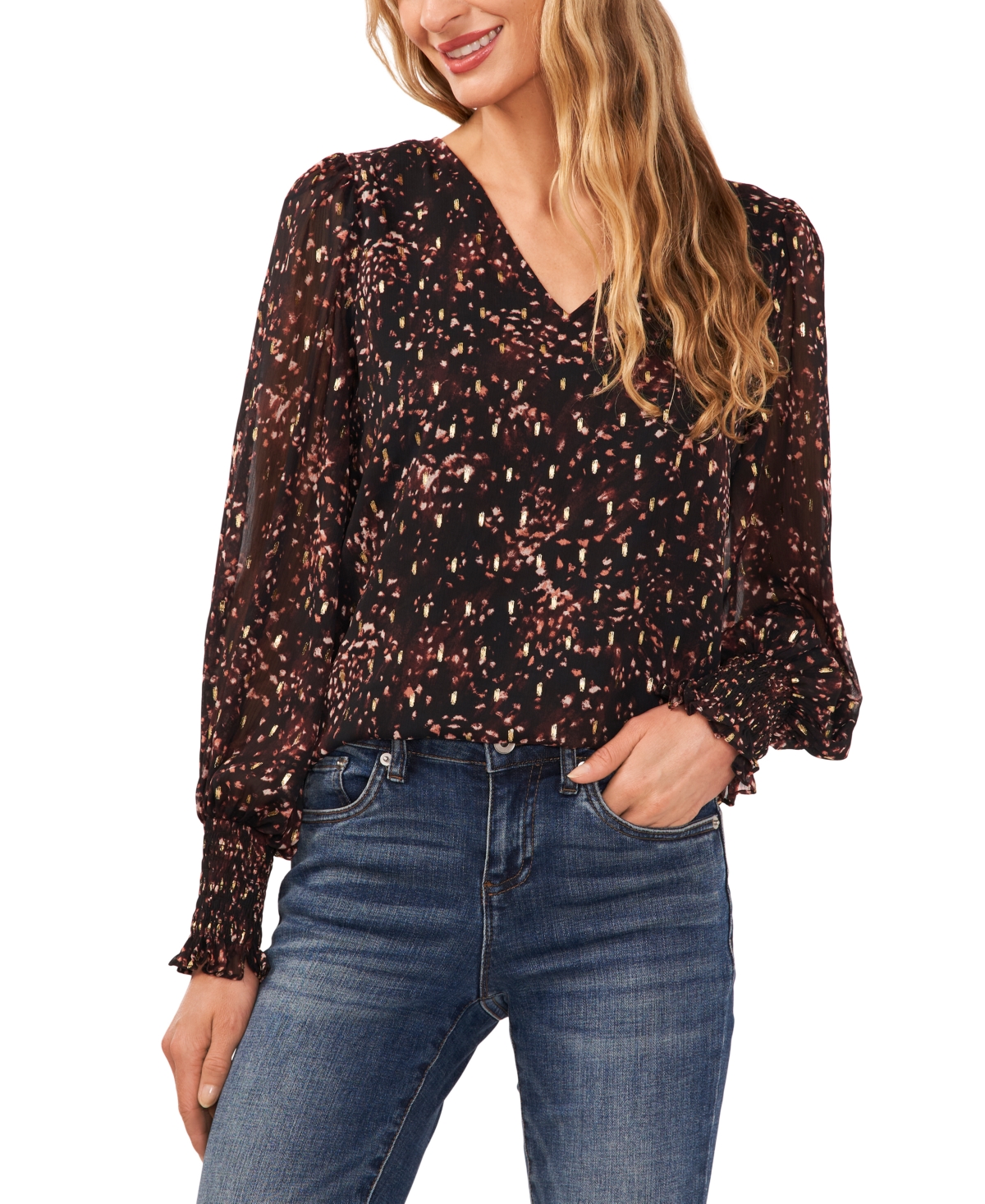 Cece Foil Dot Smocked Cuff V neck Blouse In Rich Black ModeSens