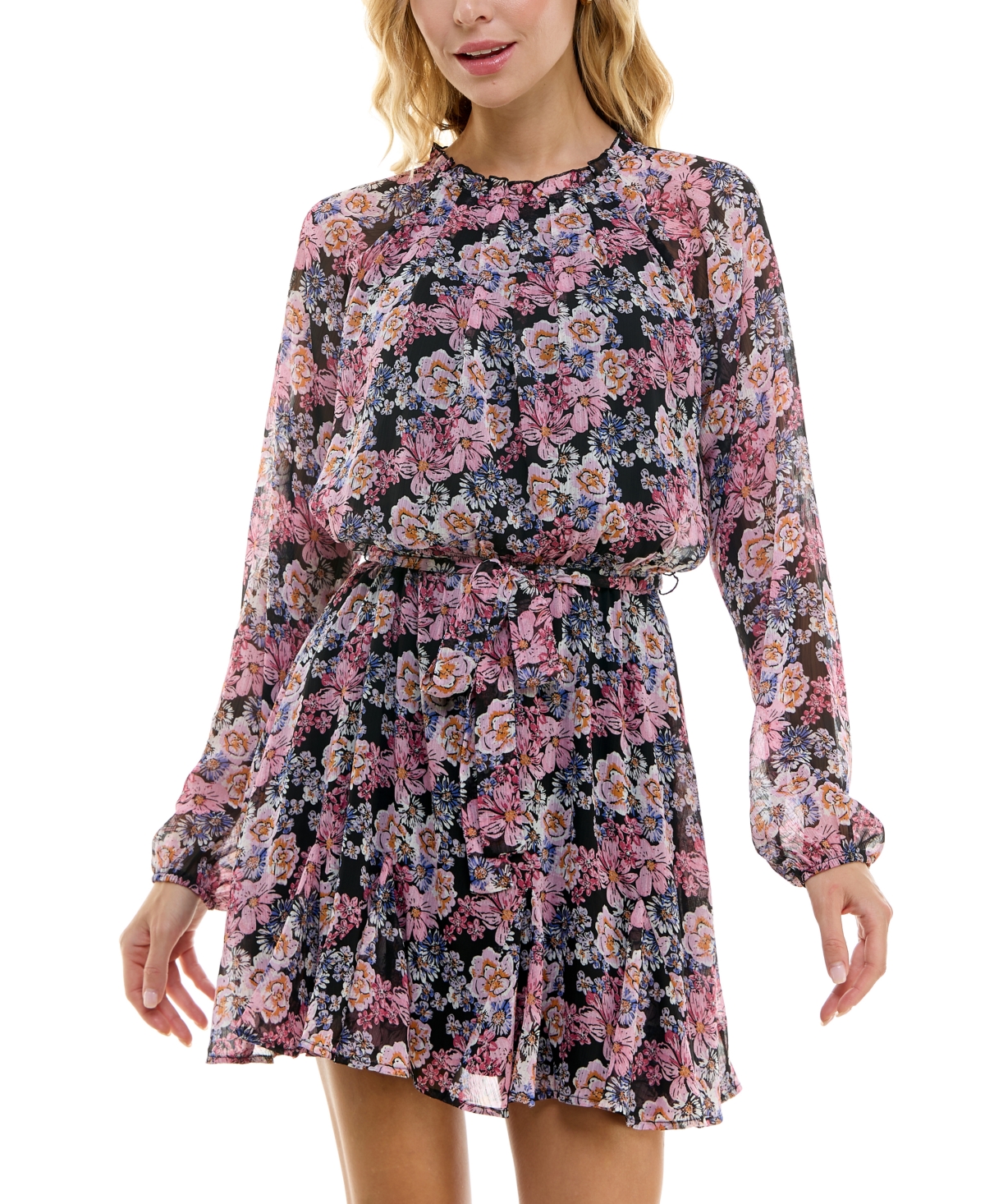 Trixxi Juniors' Floral Chiffon Long-sleeve Belted Dress In Black,pink Floral