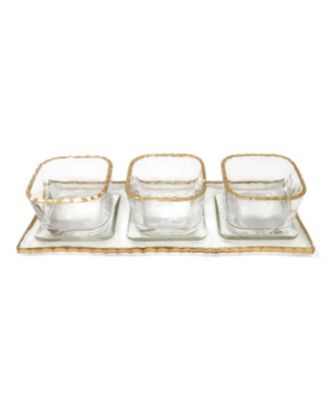 3 Bowl Relish Dish on Tray with Gold-Tone Rim, 4 Piece Set