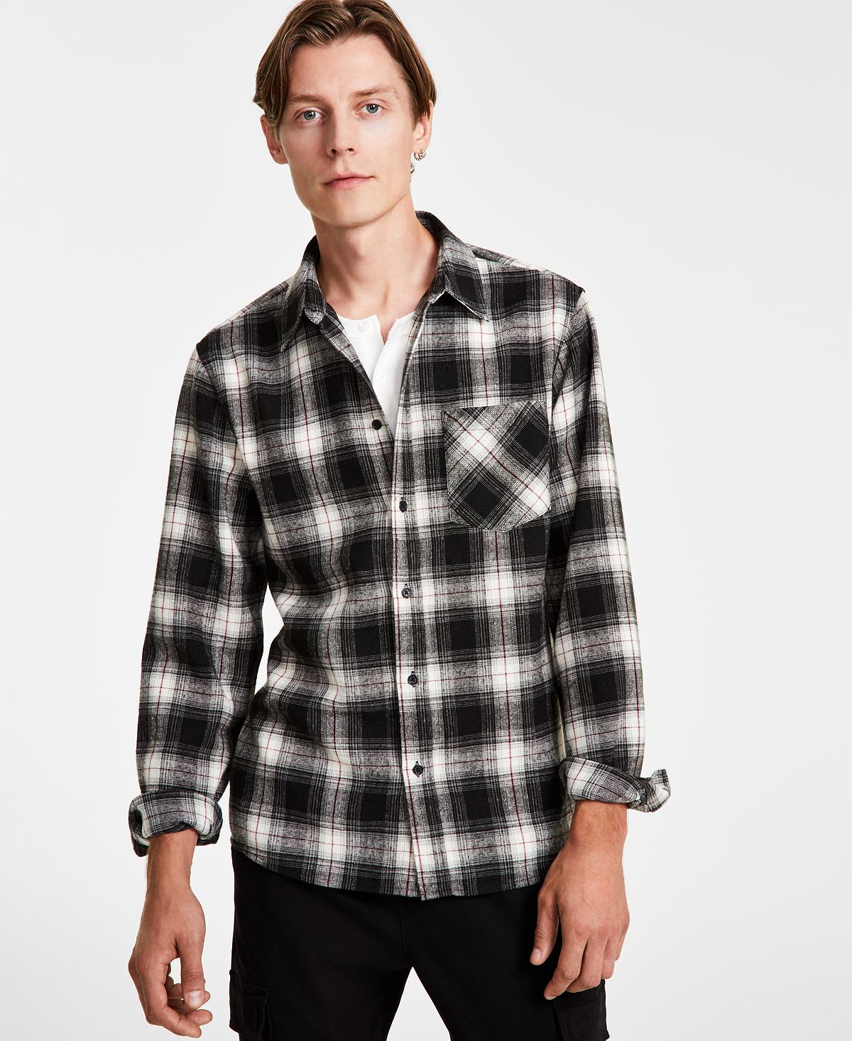 And Now This Men's Plaid Brushed Flannel Shirt Ivory/Black
