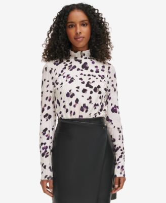DKNY - Women's Printed Ribbed Long-Sleeve Turtleneck Top
