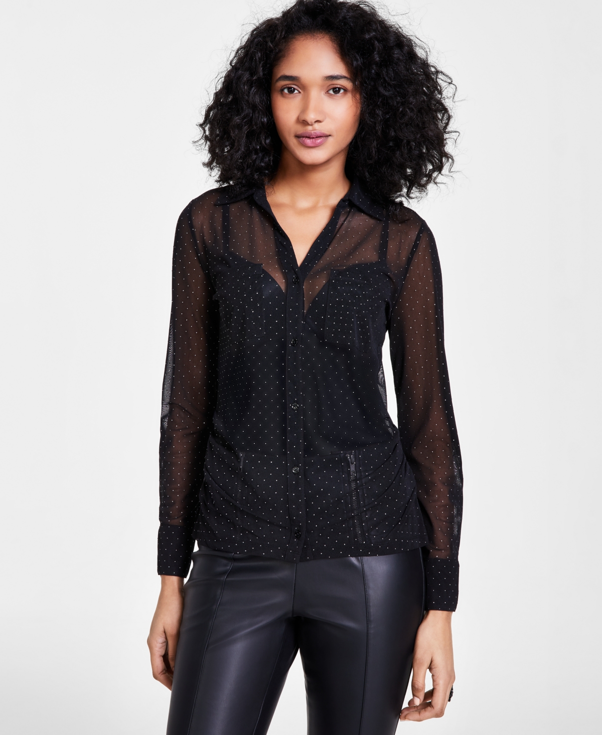 Bar Iii Women's Dewdrop Button-front Mesh Shirt, Created For Macy's In Black