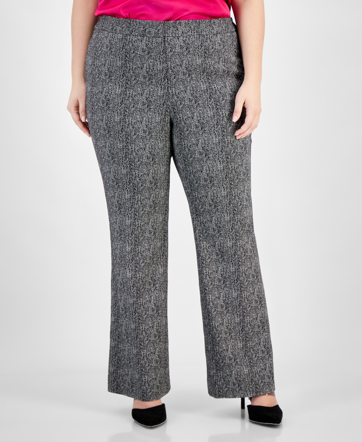 Bar Iii Plus Size Herringbone Side-slit Pants, Created For Macy's In Black,white