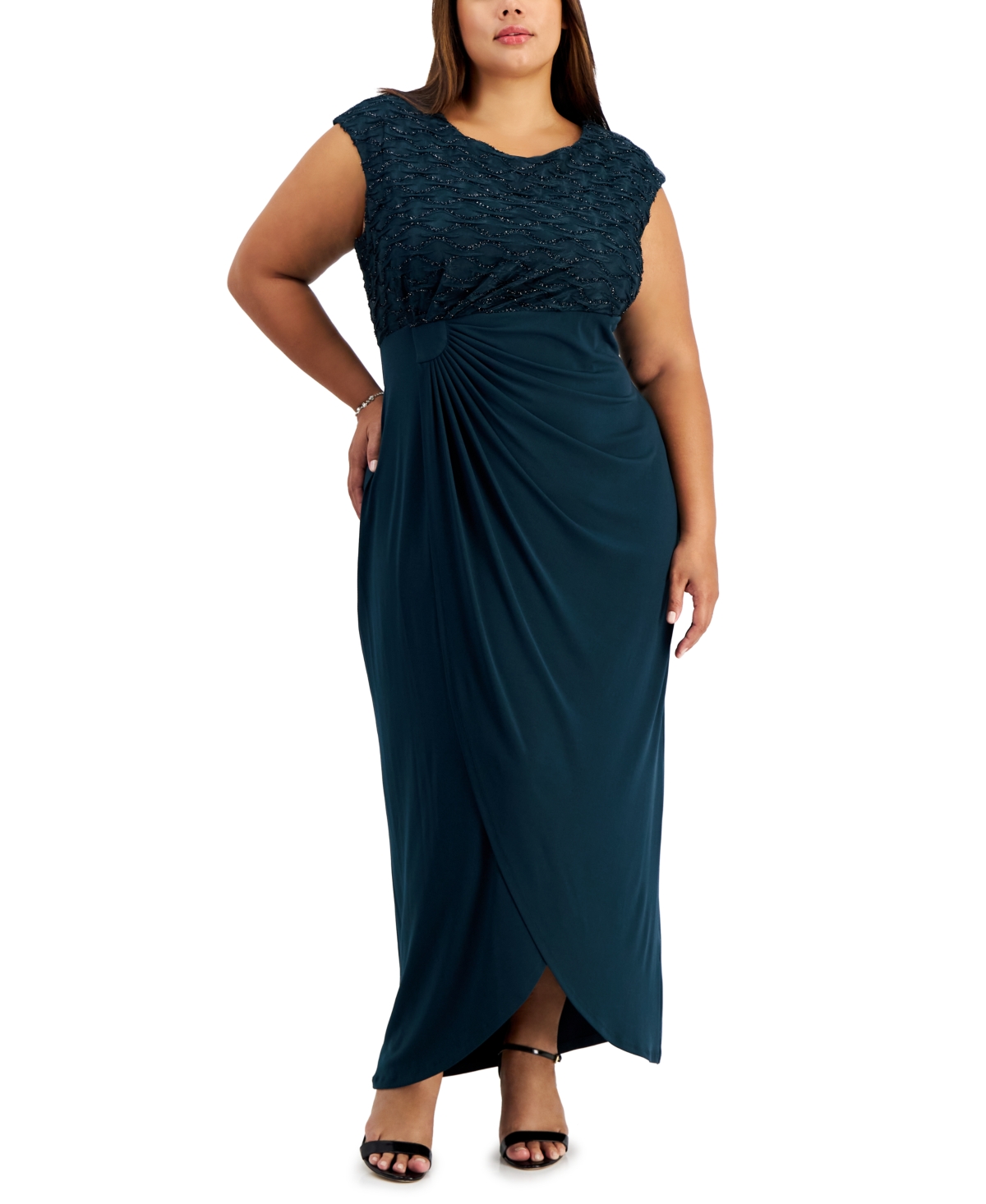 Connected Plus Size Ruched Cap-sleeve Maxi Dress In Dark Mallard