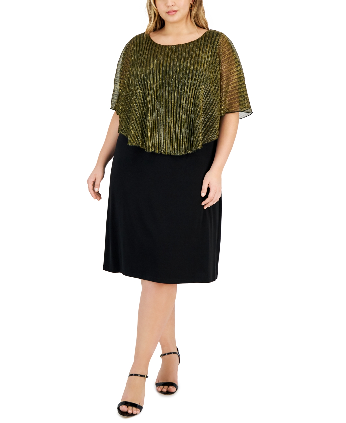 Connected Plus Size Metallic Cape-overlay Sheath Dress In Black,gold