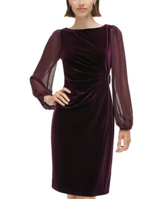 Jessica Howard - Women's Puff-Long-Sleeve Side-Tuck Buckle Sheath Dress