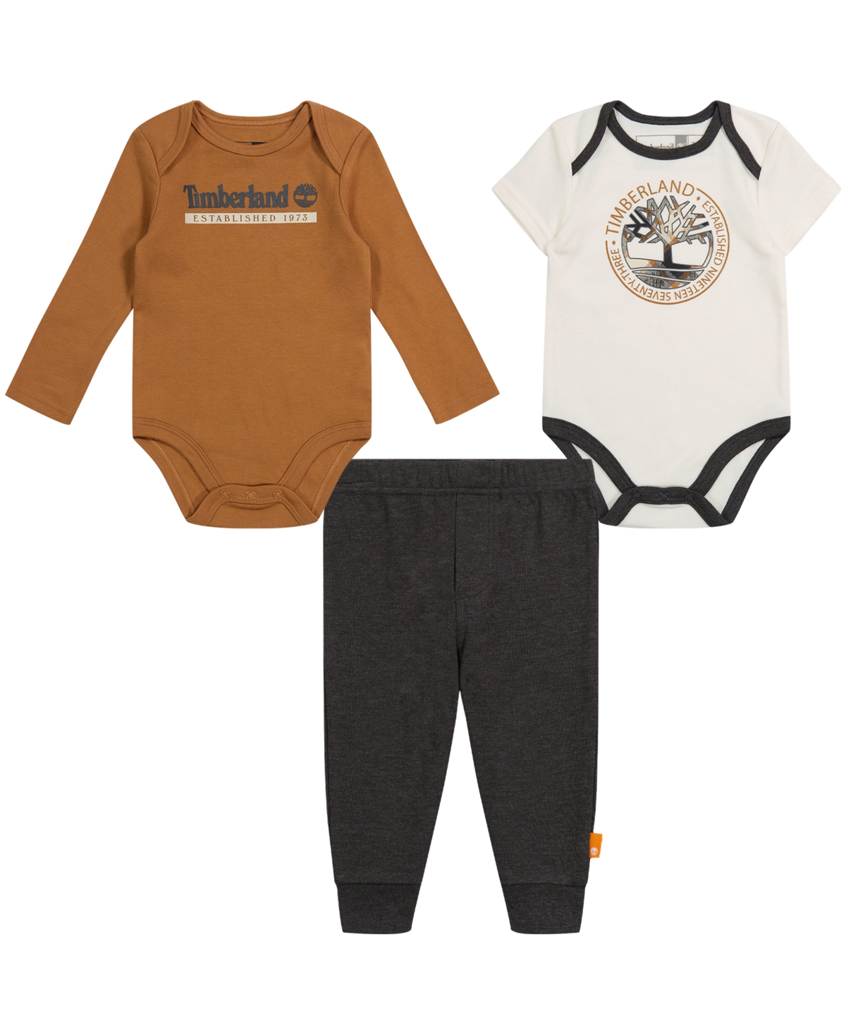 Timberland Baby Boys Logo Long Sleeve And Short Sleeve Bodysuits And Heather Joggers, 3 Piece Set In Brown Sugar